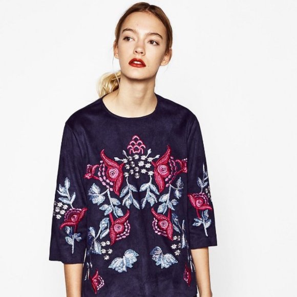 ZARA FLORA Embroidered SUEDE Effect top blouse Sz S BOHO CHIC ART TO WEAR FLORAL - Picture 1 of 14